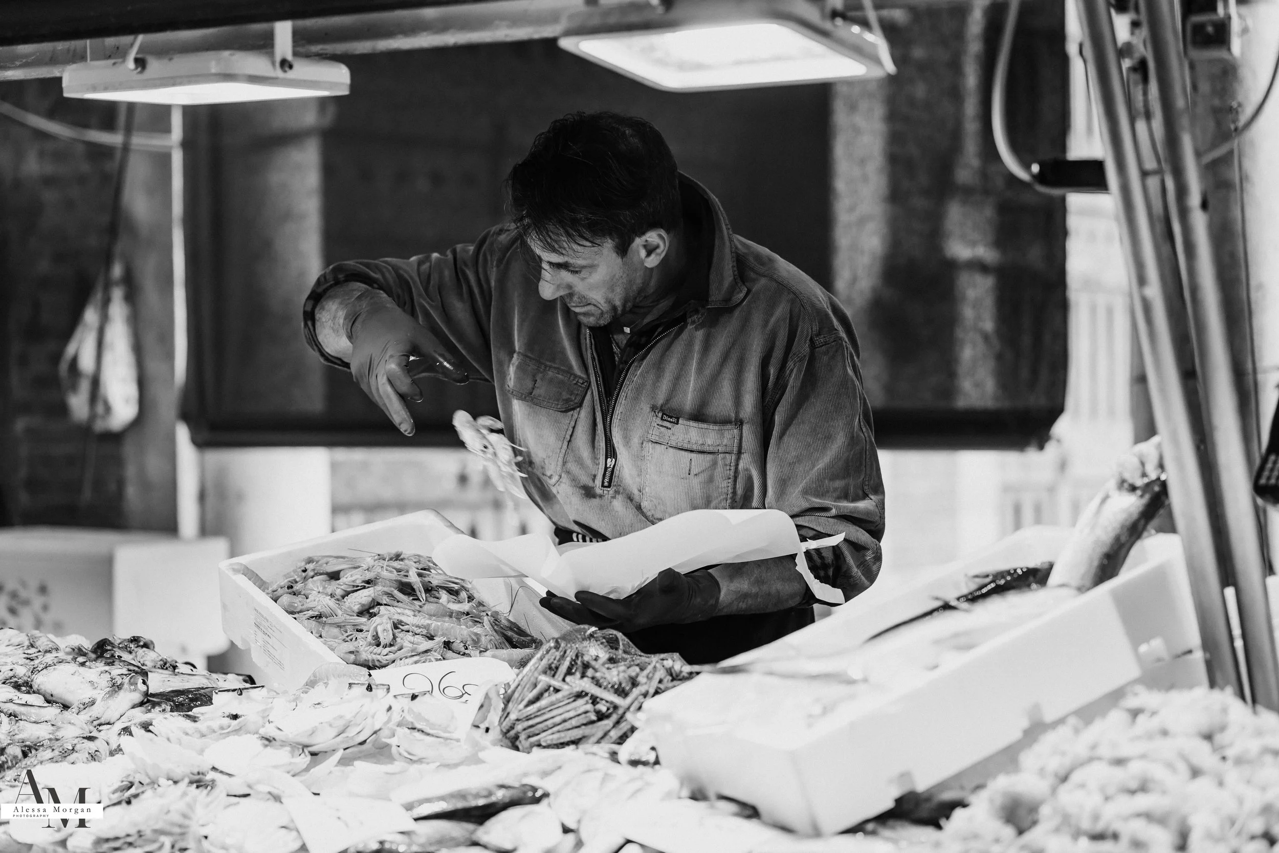 street photography, market, fish market Venice, Venice, Italy, Orlando, Florida, photographer, portrait, black and white photography, capturing moments, seagull with fish, fish, market