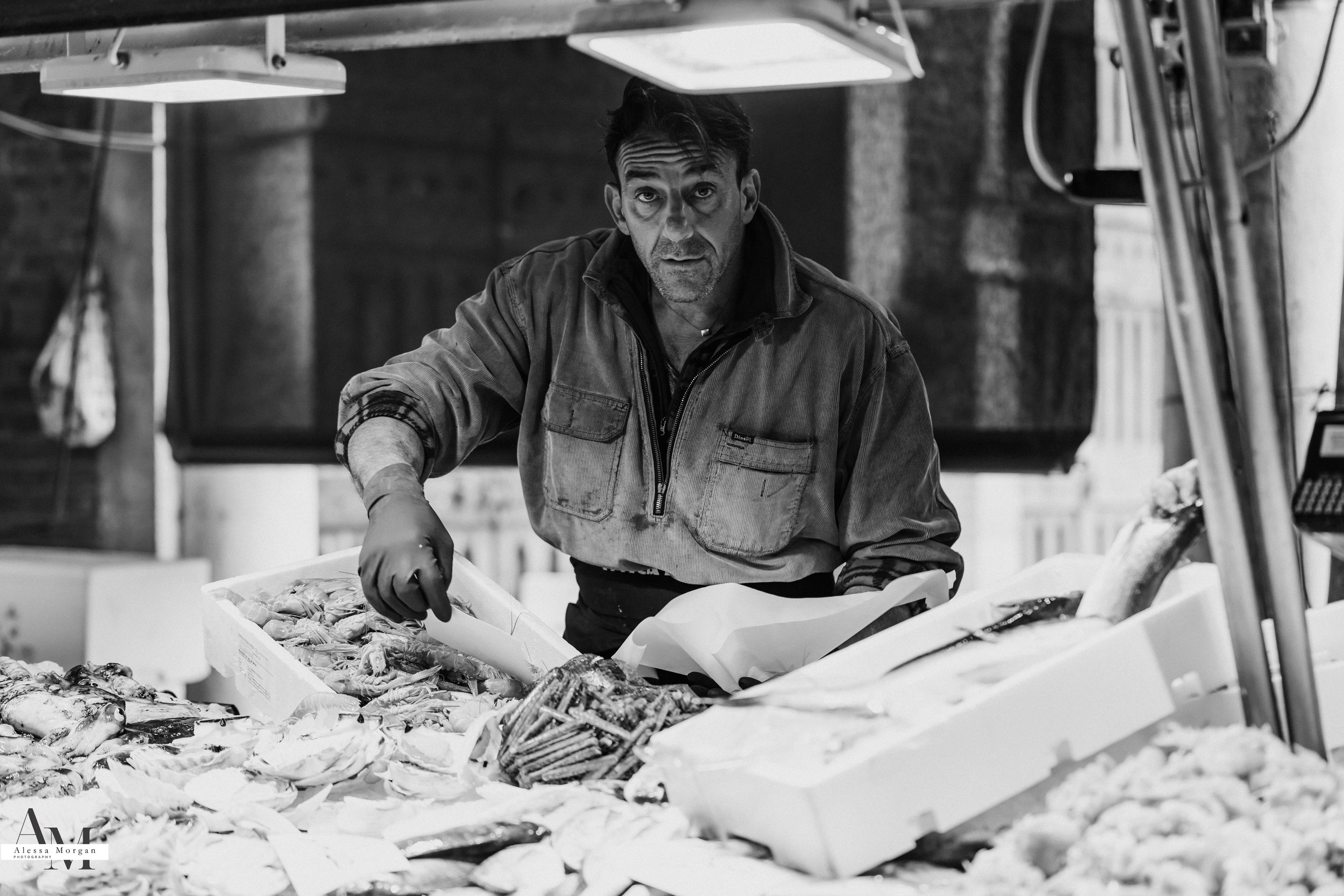 street photography, market, fish market Venice, Venice, Italy, Orlando, Florida, photographer, portrait, black and white photography, capturing moments, seagull with fish, fish, market