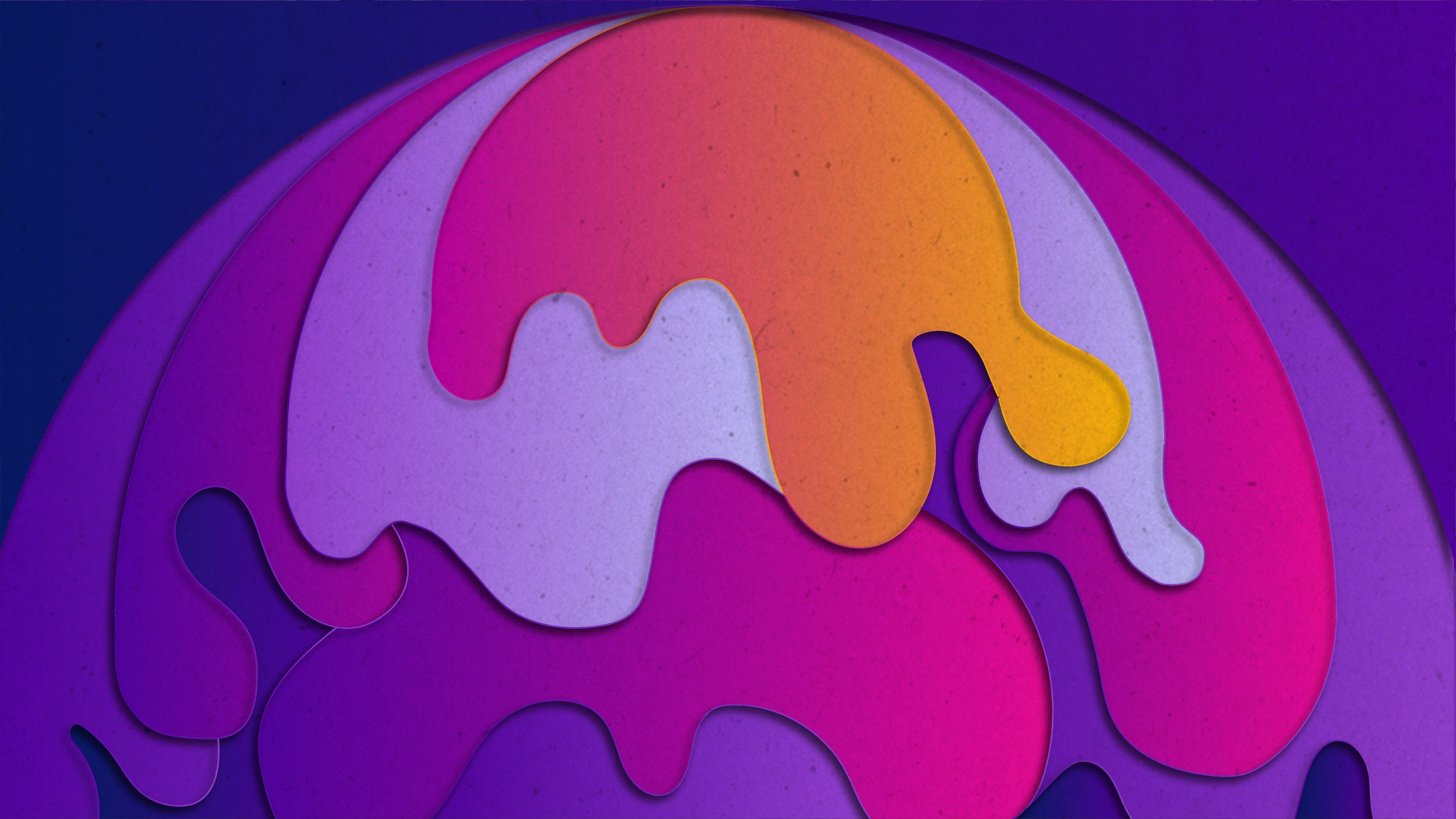 One of Lucinda Pepper's logo elements, this image looks like a melting globe and has abstract melty forms of orange-pink, lavender, magenta-purple and darker purple.