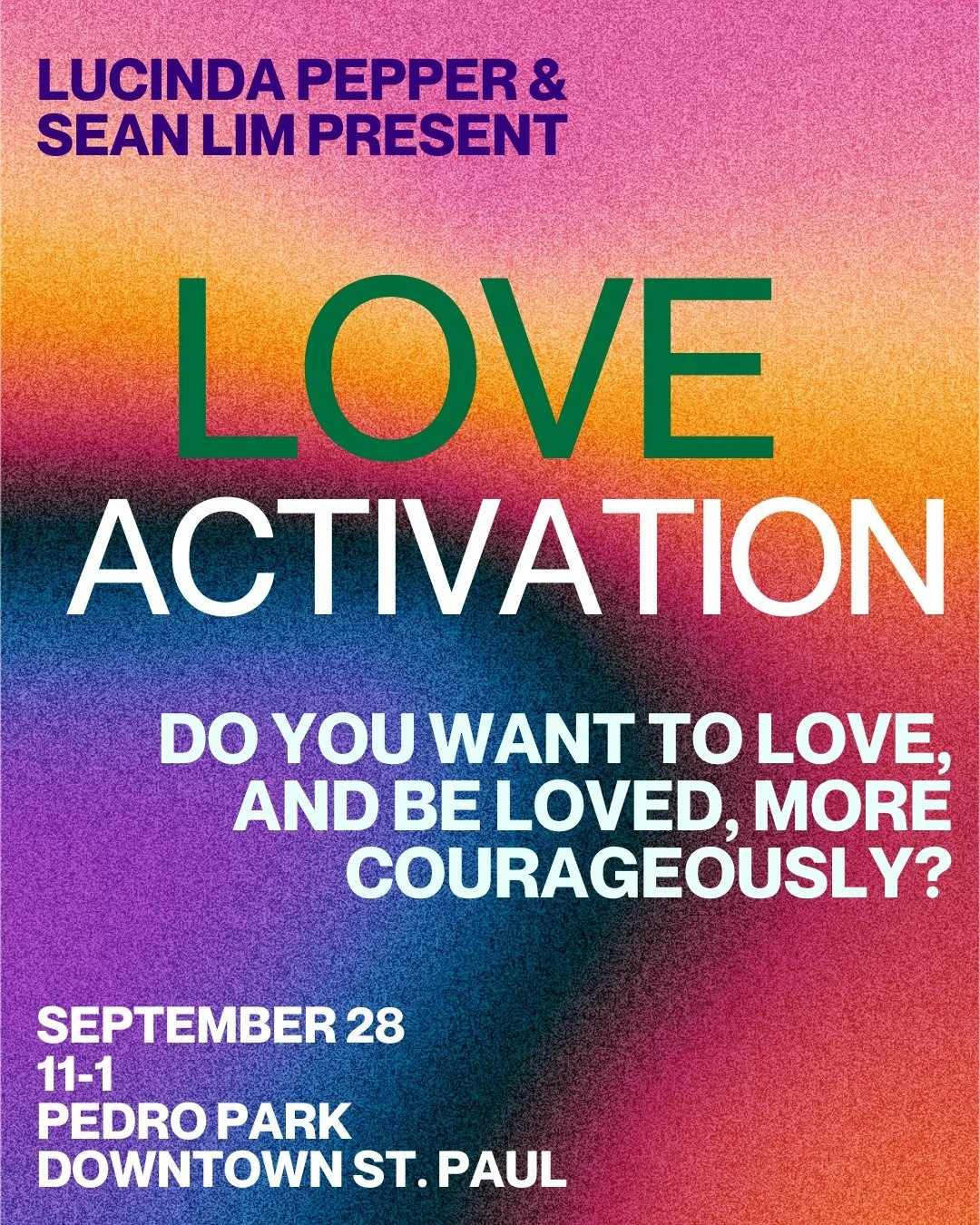 Friends and folks: I am so excited to share this Love Activation with y'all! Come through on Sunday, September 28 to download this high vibration of love in Pedro Park, the newest park in downtown St. Paul. 

From 11 to 1 we all get to play and rise 