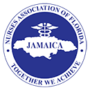 Logo of the Nurse Association of Florida, featuring a blue shield with a caduceus symbol and the text 'Jamaica' and 'Together we achieve'.