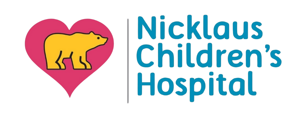 Logo of Nicklaus Children's Hospital featuring a yellow bear inside a pink heart with blue text