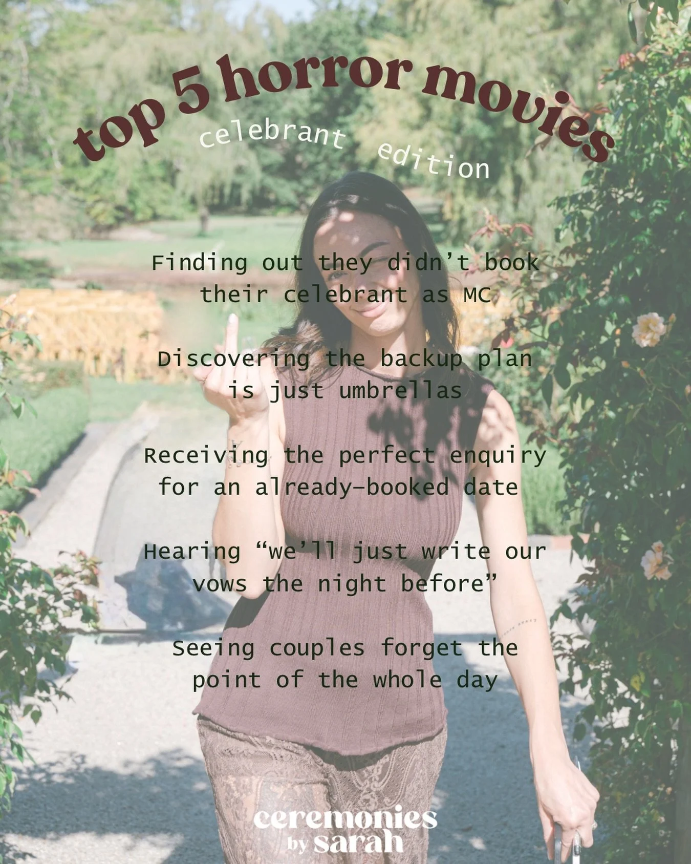 Top 5 horror movies 🎬
Celebrant edition.

Trust me&hellip; it was hard picking only 5. 🔪

#melbournecelebrant #weddingceremony #moderncelebrant #weddinginspo #top5horrormoviestrend