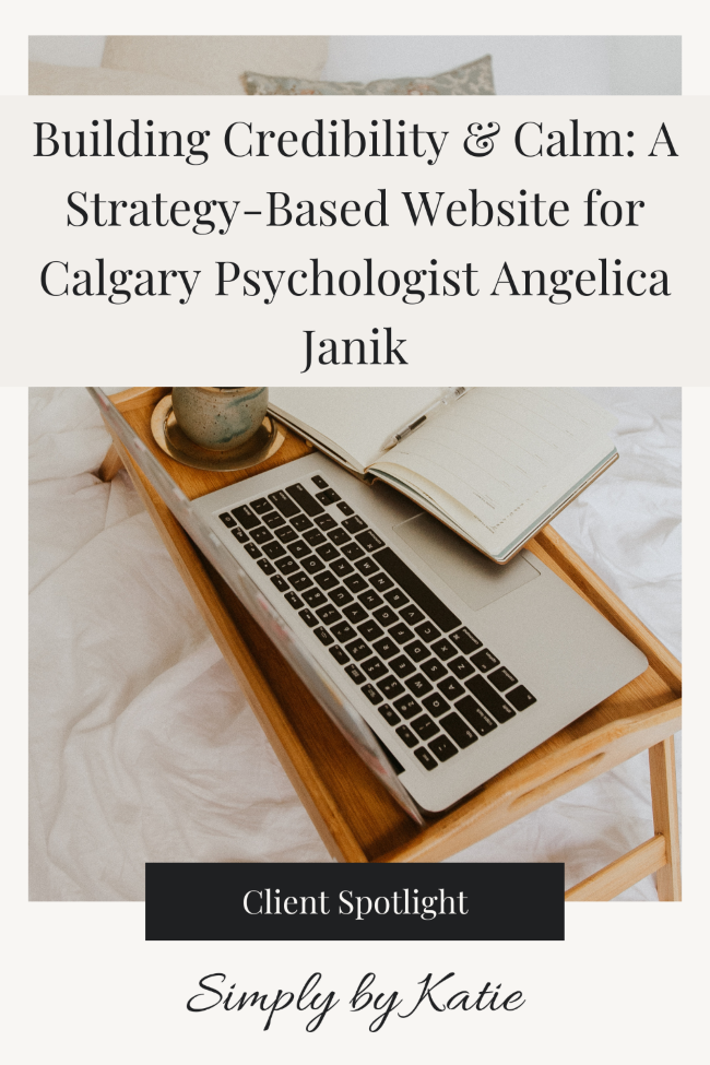 A laptop and open journal on a wooden bed tray, representing the calm and intentional strategy-based website design for Calgary Psychologist Angelica Janik.