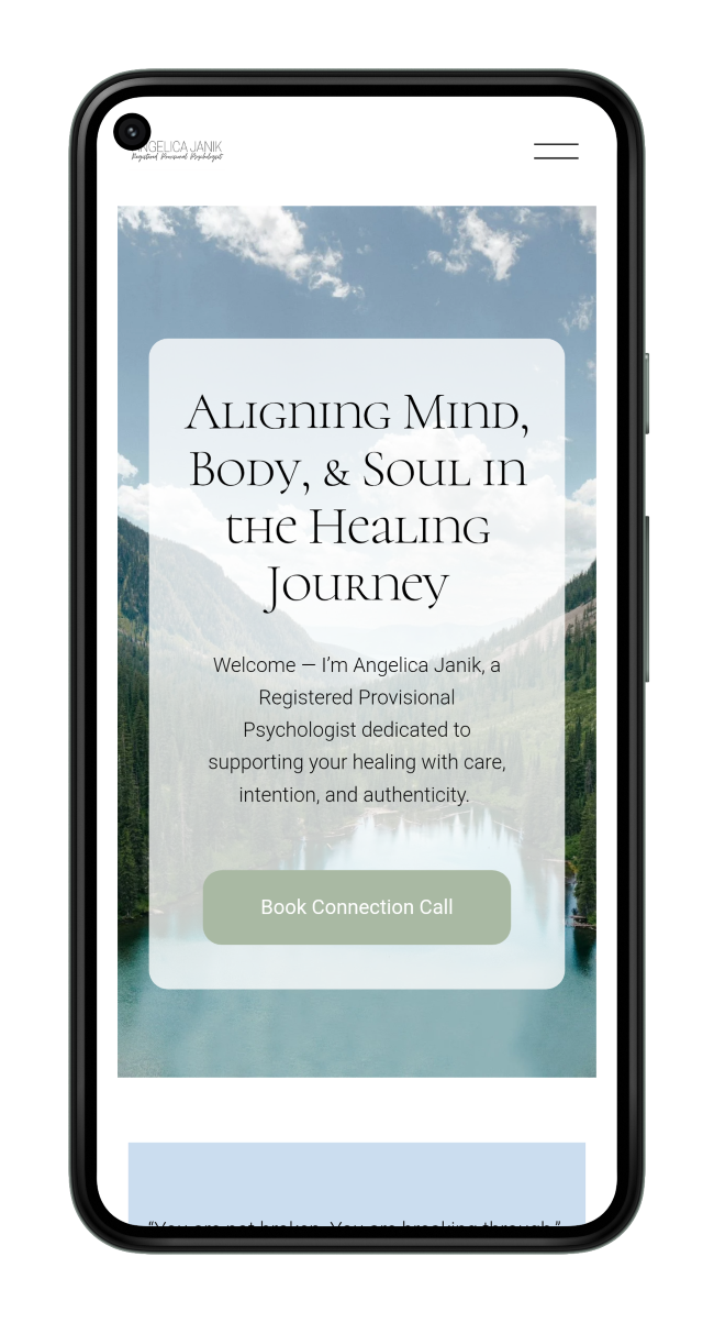 Mobile-optimized website design for a Calgary Psychologist, showing a calm, nature-inspired landing page with a clear 'Book Connection Call' call-to-action button.