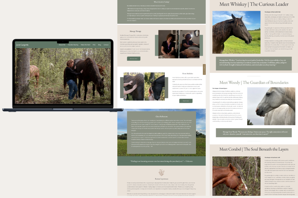 Custom website design mockups created by Simply by Katie for Janet Langevin, featuring horse medicine, massage therapy, and intuitive healing services.