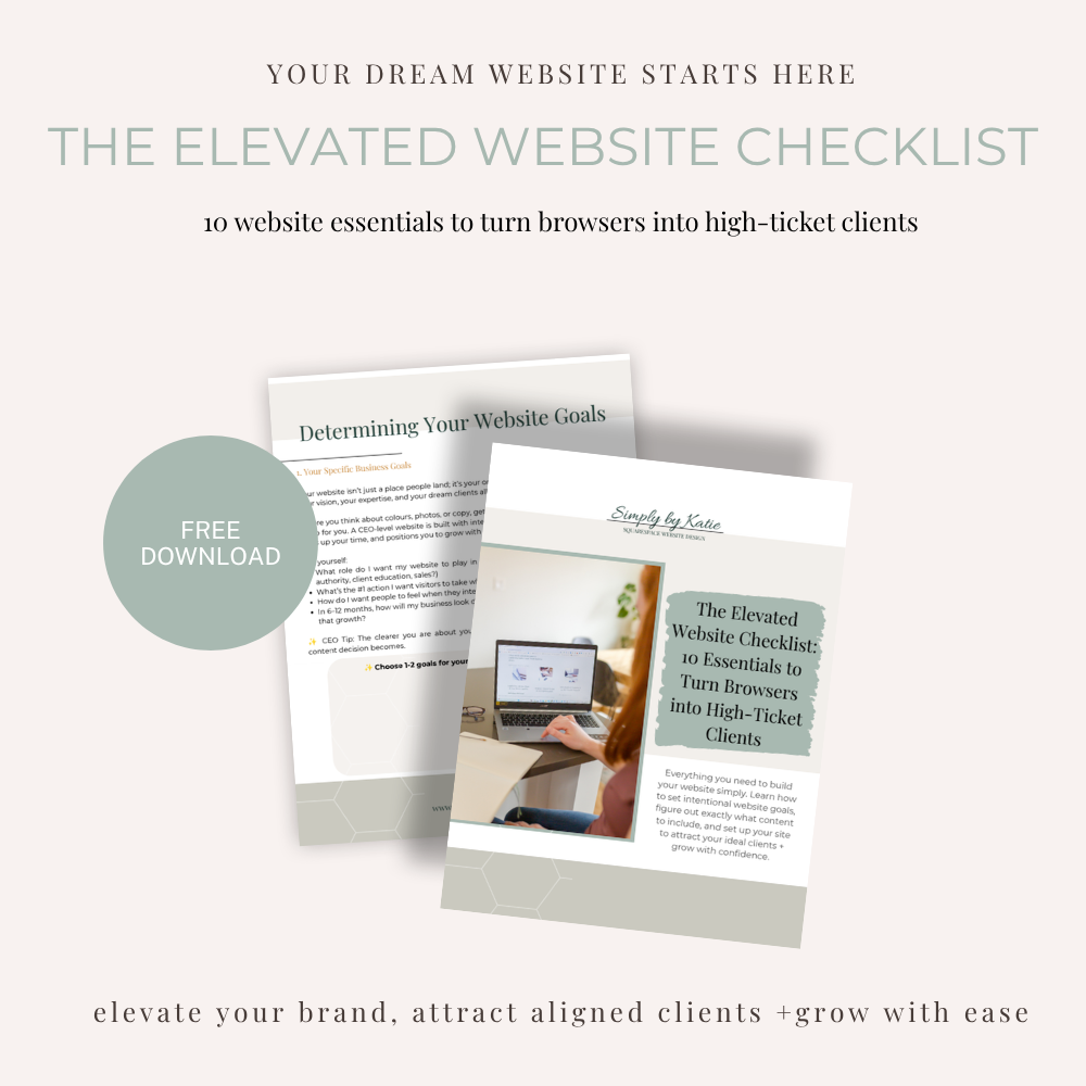 Promotional graphic displaying The Elevated Website Checklist free download mockup by Simply by Katie.
