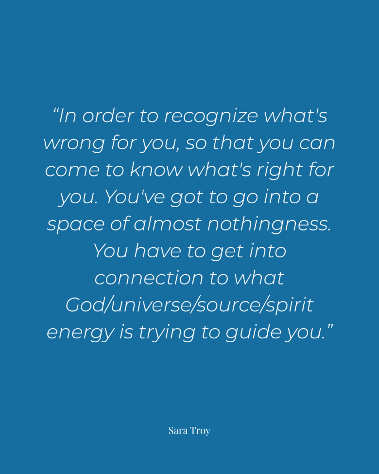 Blue quote graphic of Sara Troy sharing advice on self-discovery and finding connection in quiet spaces.