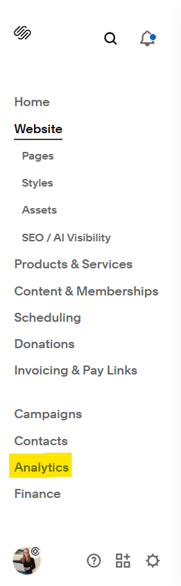 Squarespace website backend navigation menu highlighting the Analytics menu option.