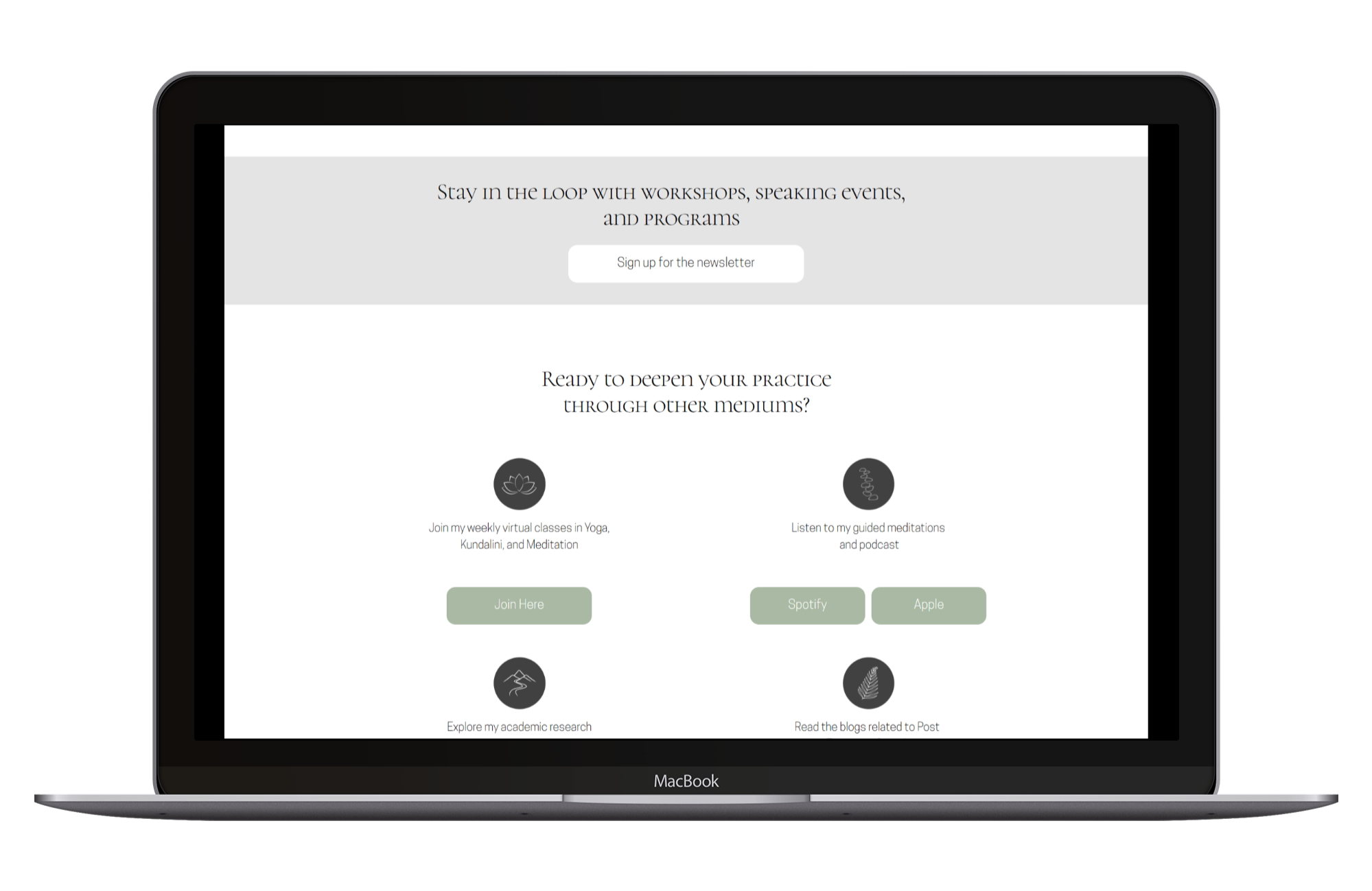 A MacBook mock-up showing the resource section of a psychologist's website, including newsletter sign-up, meditation links, and yoga class schedules designed for client engagement.