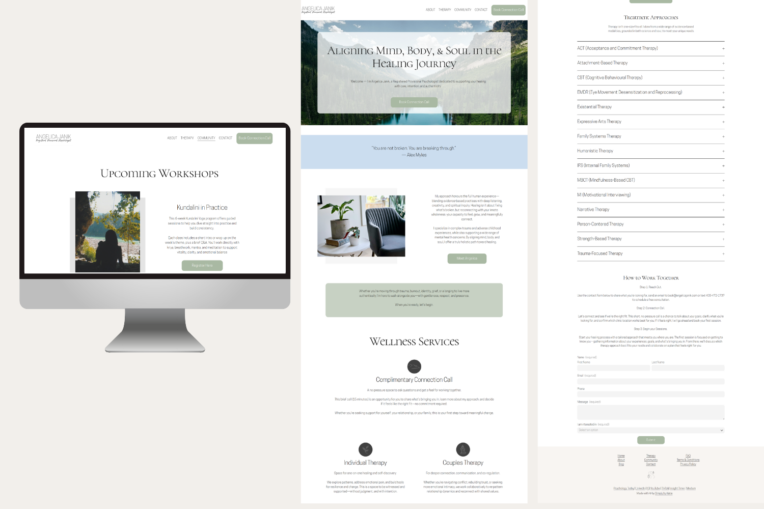 Website design example therapy website. This Squarespace site was optimized for SEO and designed to showcase Angelica's process towards healing.