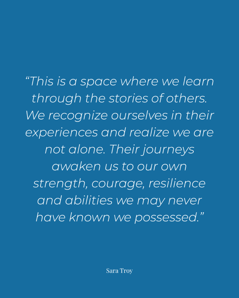 Blue quote graphic featuring Sara Troy quote on learning through stories, resilience, and strength for female entrepreneurs.
