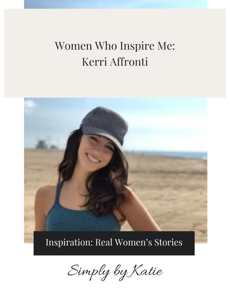 Women Who Inspire Me feature header graphic with a portrait of Kerri Affronti smiling on the beach, titled "Kerri Affronti on Overcoming Chronic Pain, Nervous System Regulation & Aging Gracefully" by Simply by Katie.