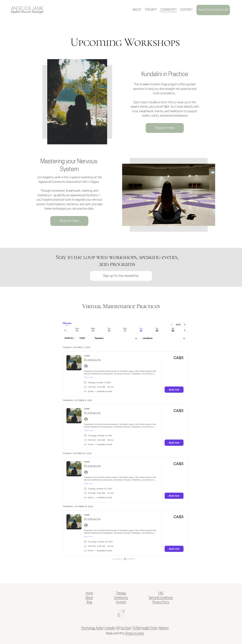 A website section titled 'Upcoming Workshops' featuring a Kundalini in Practice program, demonstrating how a strategy-based website integrates wellness services for a Calgary psychologist.