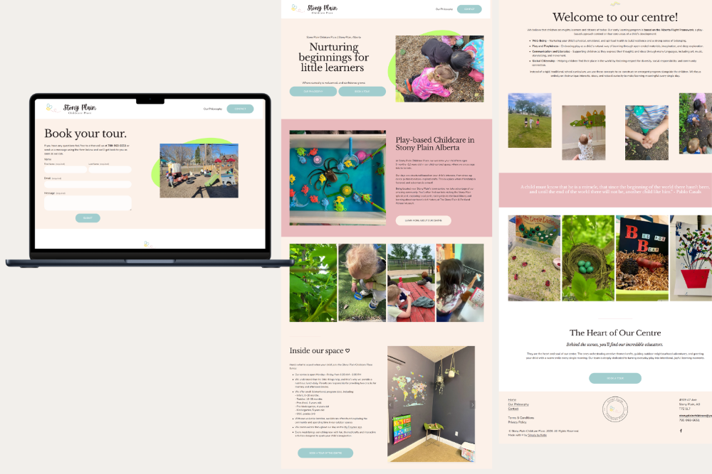 Custom website design and copywriting case study for Stony Plain Childcare Place, designed by Edmonton web designer Simply By Katie. Showcase of laptop mockup, play-based daycare pages, tour booking form, and high-converting layout.