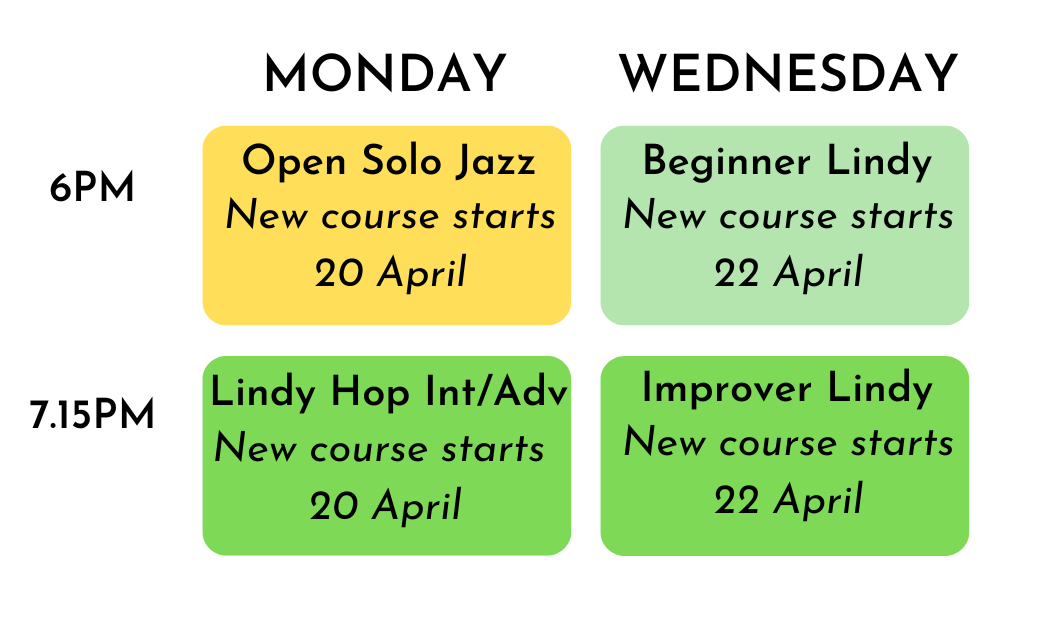 Visual schedule. 6 week block course starts 20 April. Monday classes: 6pm Open Solo Jazz, 7.15pm Advanced Lindy Hop. Wednesday classes: 6pm Beginner Lindy Hop, 7.15pm Improver Lindy Hop