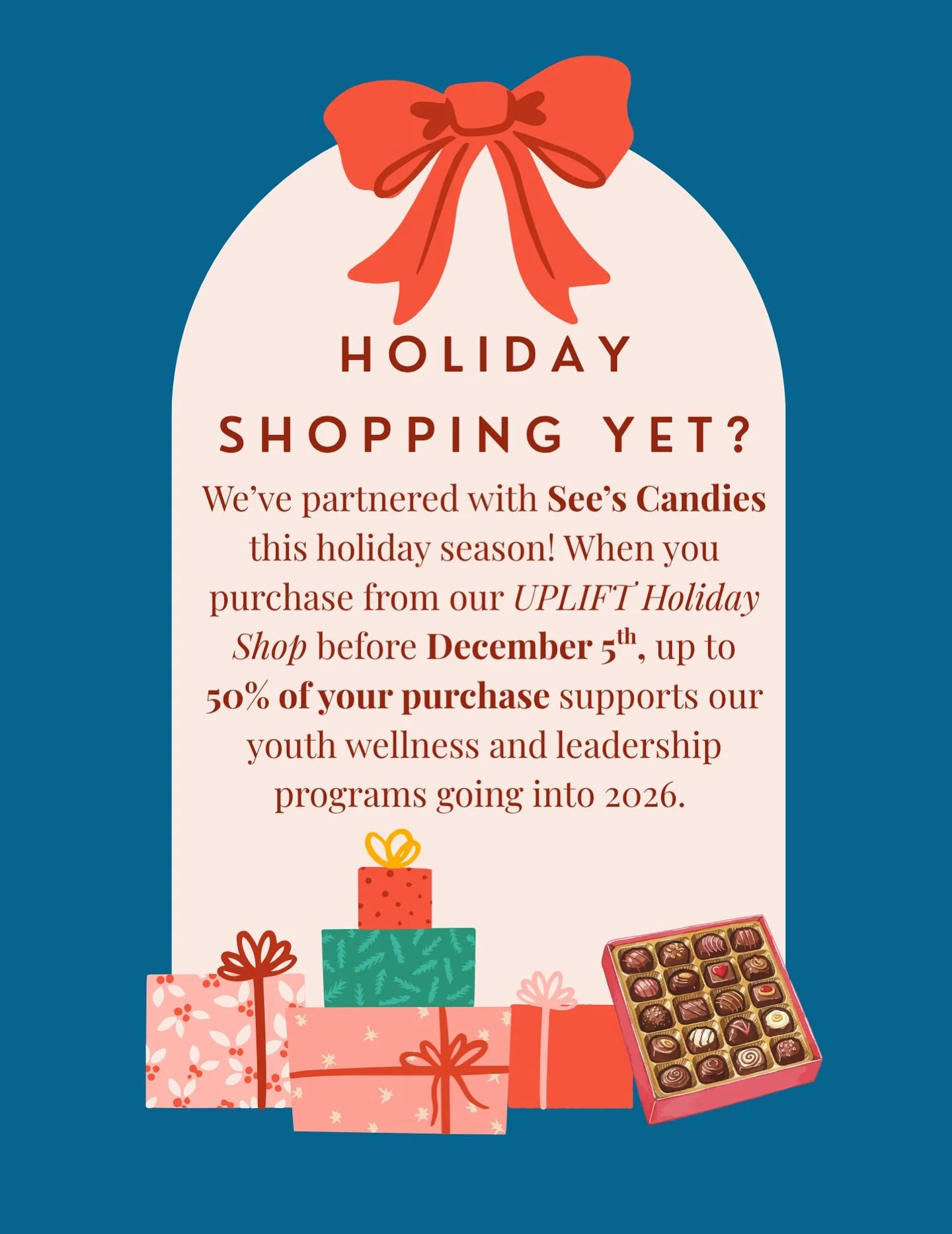 The sweetest way to give back this season! 🎁&nbsp;&nbsp;

Click the link in our bio to shop See&rsquo;s Candy through our UPLIFT Holiday Shop and make a real impact! 🍫

&bull;

#mentalhealth #teenwellness #seescandies #holidayshopping #holidayspiri