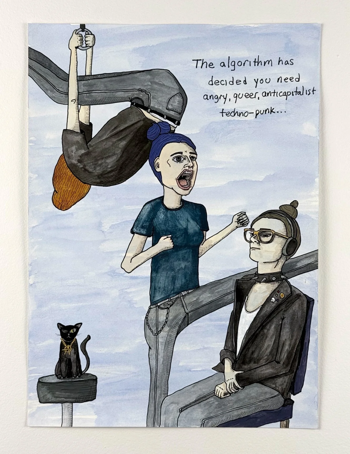 algo techno-punk. watercolor and ink on paper.  10x14". 2026