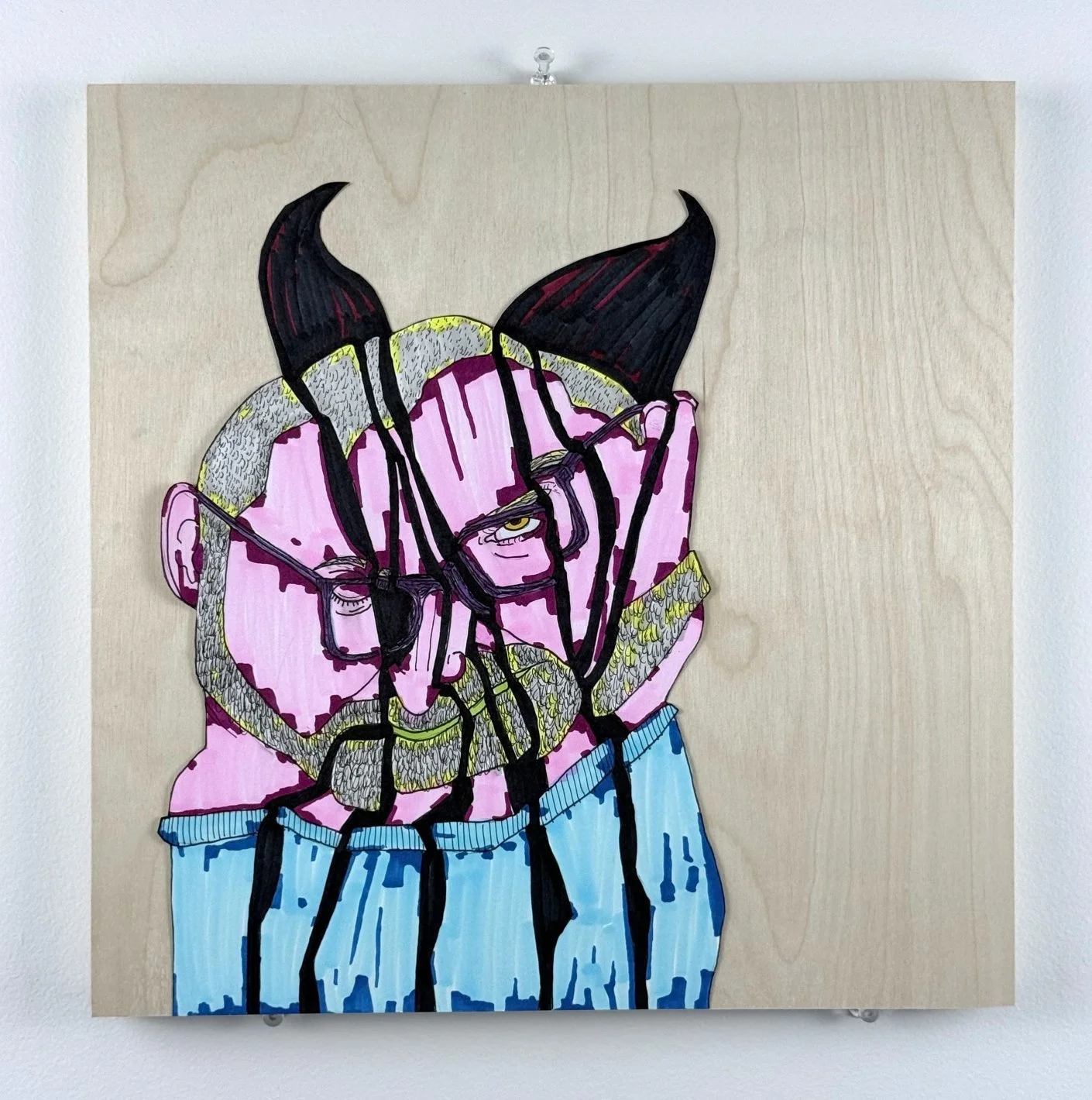 devil made me do it. marker, paper, and wood. 12x12". 2026