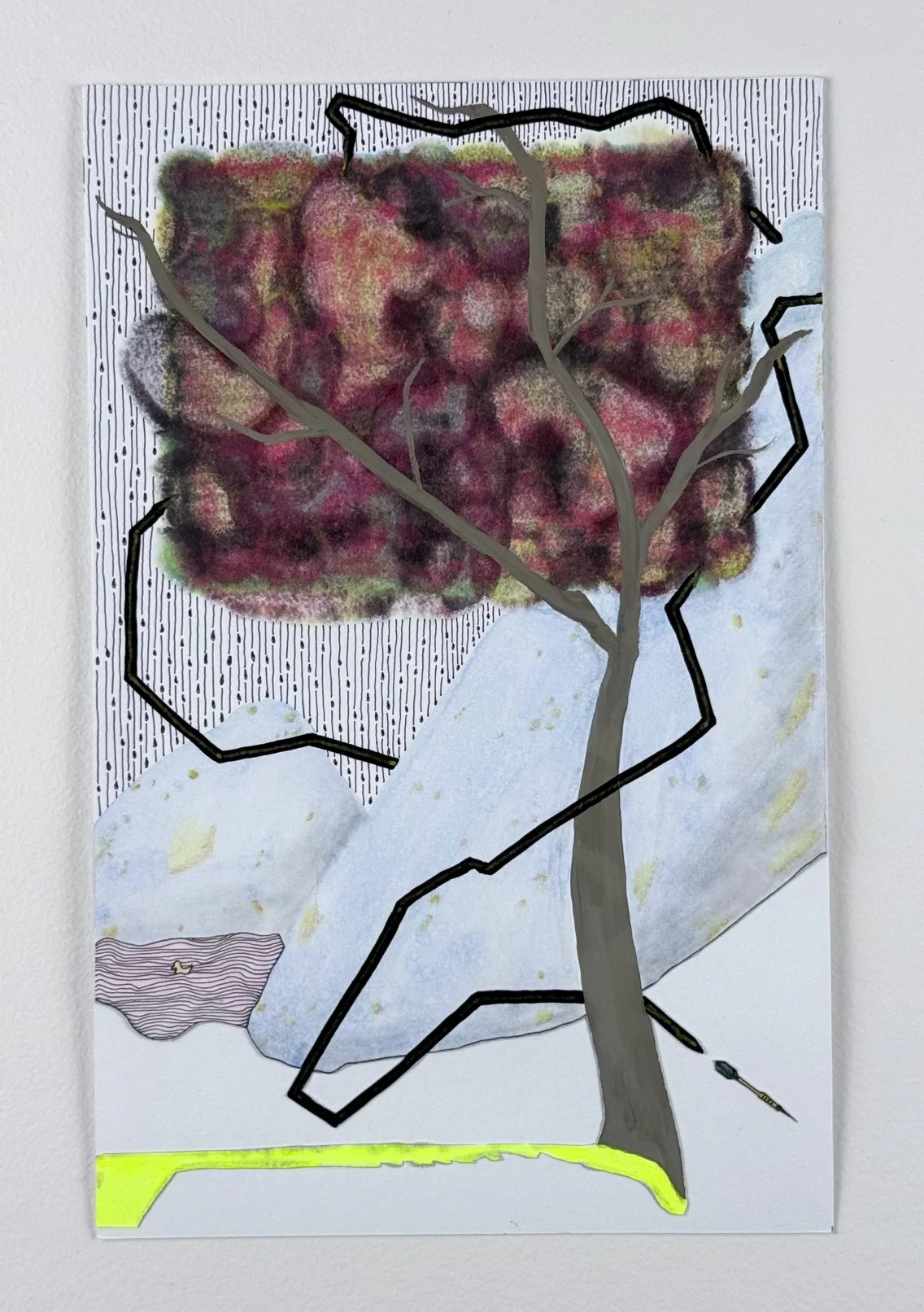 the duck, the dart, & the tree of ADHD. mixed media on paper. 7x11". 2026