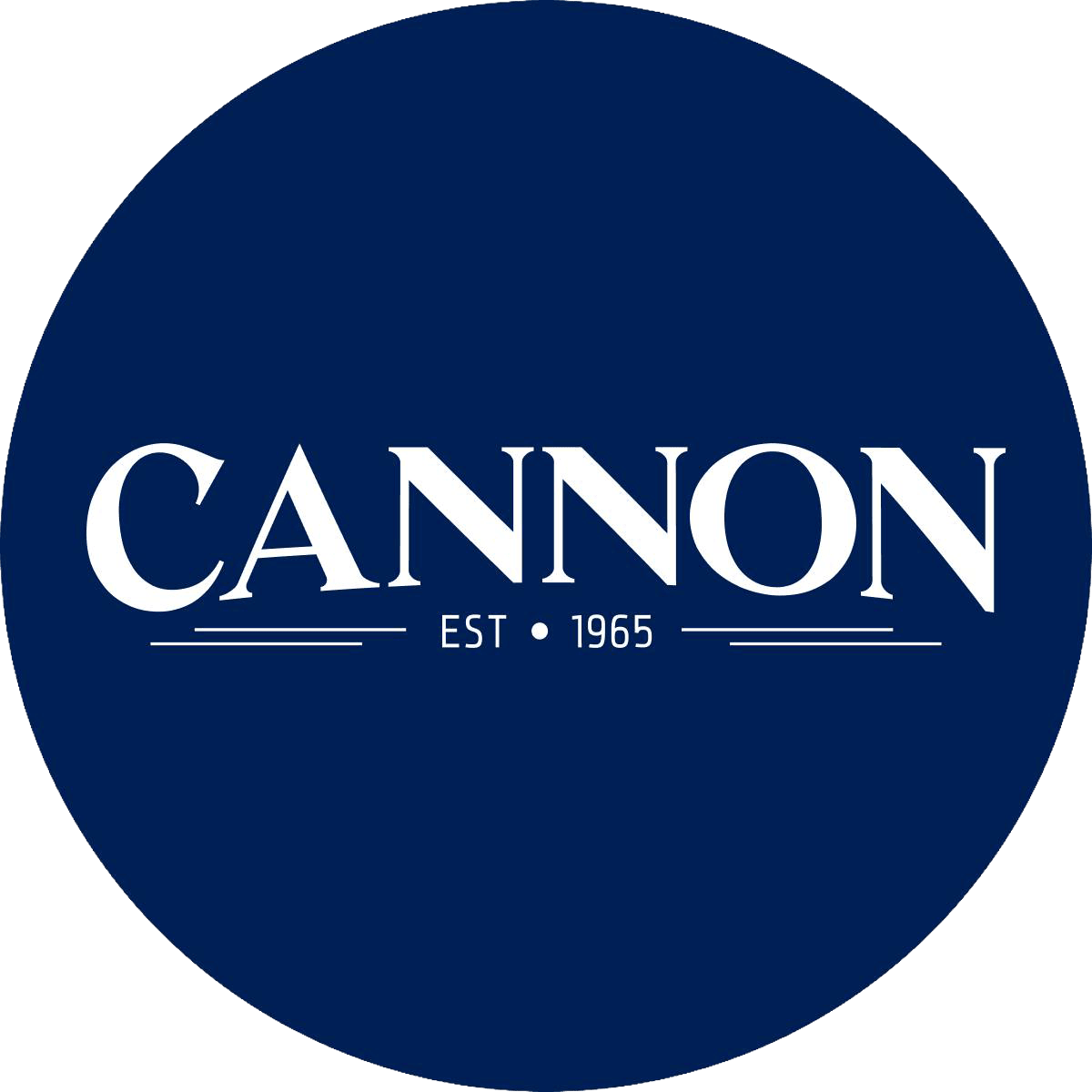 Logo with the word 'Cannon', 'Established 1965' in white text on a dark blue circular background.
