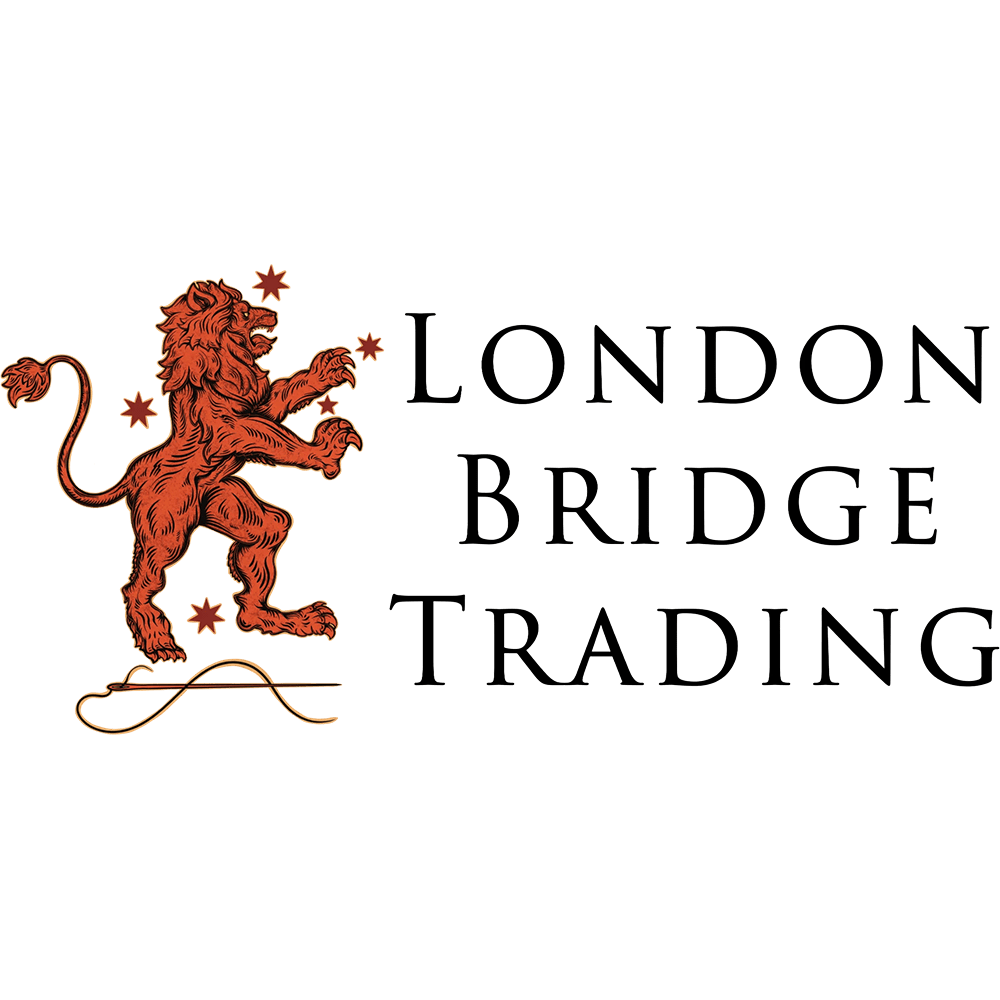 Logo of London Bridge Trading featuring a red lion standing on two legs, surrounded by small red stars, with the company name in black text.