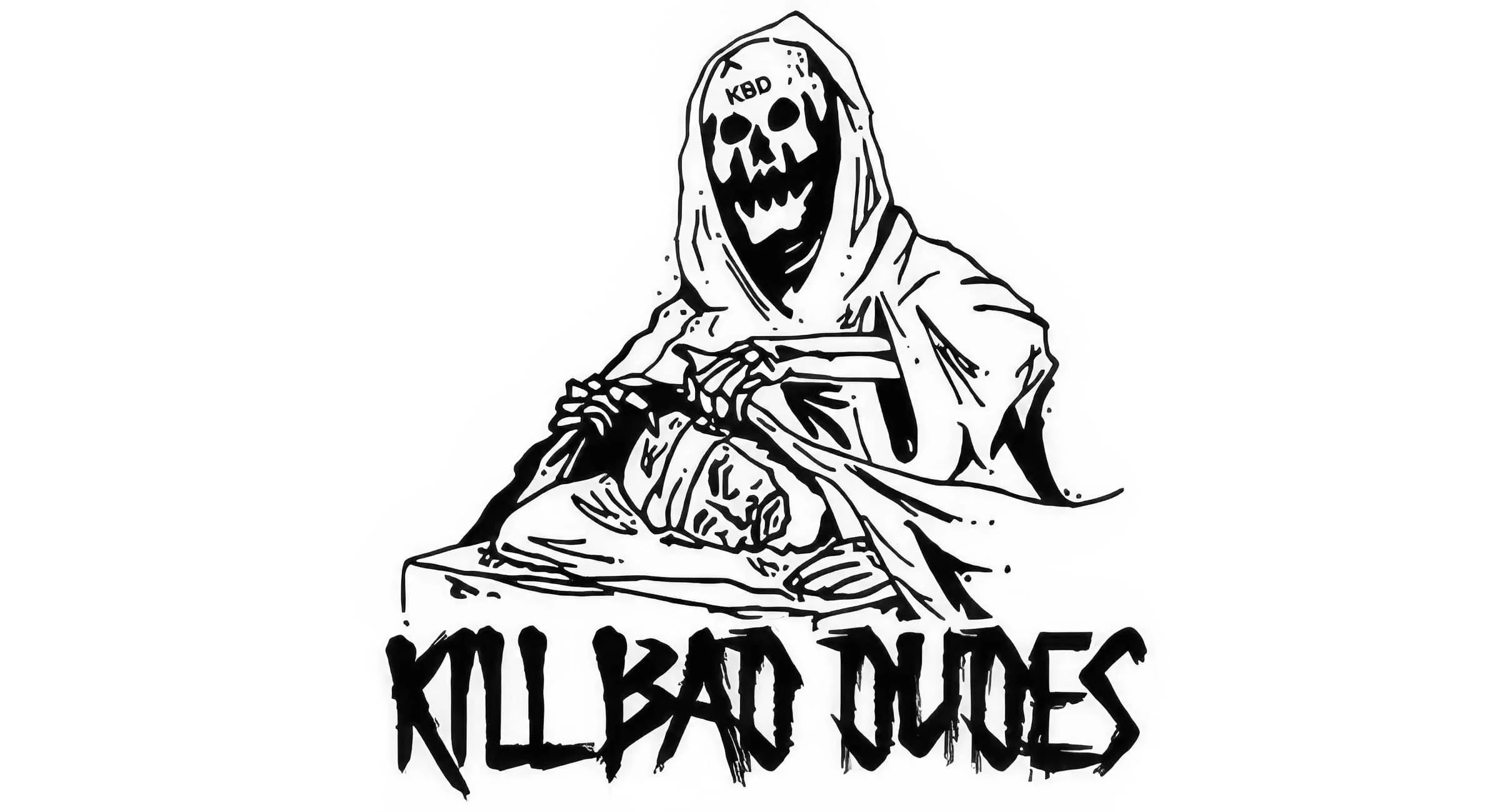 Black and white illustration of a sinister figure with a skull face, wearing a hooded cloak, sitting cross-legged with hands on a mysterious object. Text below reads 'KULABO OCLES' in jagged, spooky lettering.