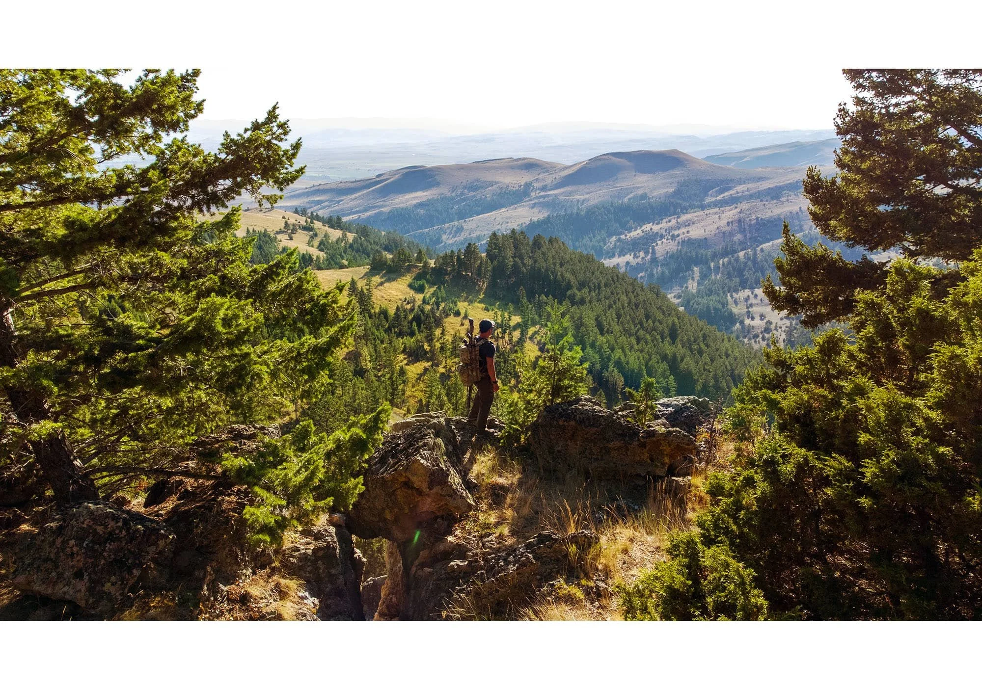 A person hiking on rocky terrain surrounded by green trees, overlooking a scenic valley with rolling hills and forested mountains in the distance.