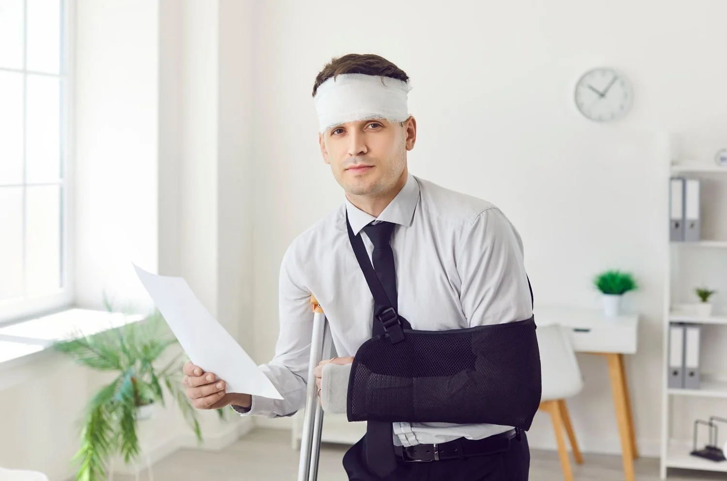 A man in an office with a bandaged head, arm in a sling, holding paperwork