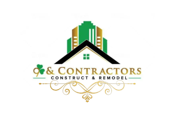 Logo for a construction and remodeling company featuring a stylized house and tall buildings with green, black, and gold accents.