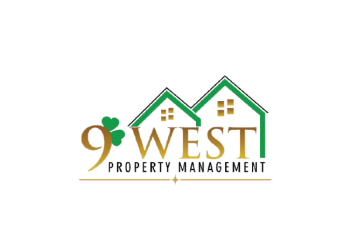 Logo for 9 West Property Management featuring a stylized house and a green heart.