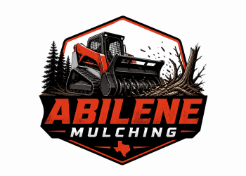 Logo for Abilene Mulching featuring a tracked mulching machine, trees, and a fallen tree branch in front, with a red and black color scheme and a Texas shape at the bottom.