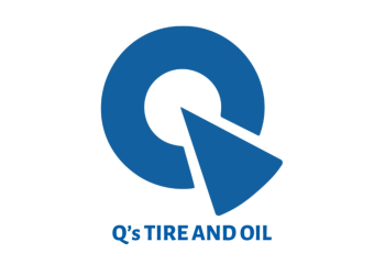 Q's Tire and Oil logo with a blue letter Q and a wrench icon, and the business name below in blue text.
