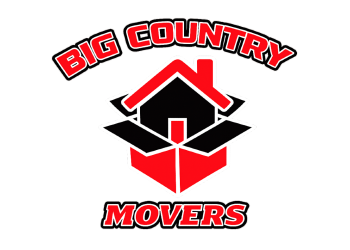 Logo for Big Country Movers featuring a black house with a red roof inside an open box, with bold red and black text.