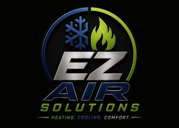 EZ Air Solutions logo featuring a blue snowflake, green flame, and silver lettering for heating, cooling, and comfort services