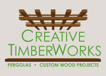 Creative Timberworks logo with a wooden pergola graphic and green text reading “Pergolas • Custom Wood Projects.”