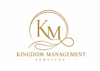 Kingdom Management Services logo with gold KM monogram, circular flourish, and stylized infinity symbol