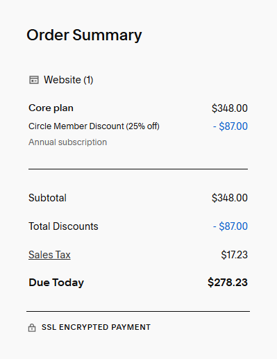 Order summary showing core plan cost, 25% member discount, subtotal, discounts, sales tax, and total due amount of $278.23.
