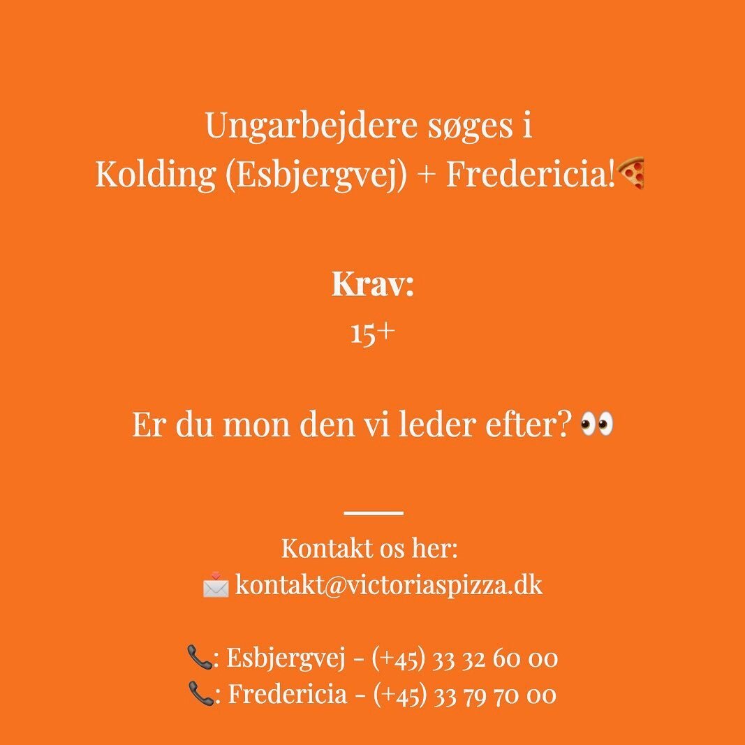 Vi s&oslash;ger ungarbejdere i! 🍕

Vi s&oslash;ger efter jer, der bor t&aelig;t p&aring; Kolding (Esbjergvej), eller Fredericia 🧡.

Vi har nogle seje teams der b&aelig;rer denne opgave rundt omkring, i vores forskellige afdelinger. Nu mangler vi fl