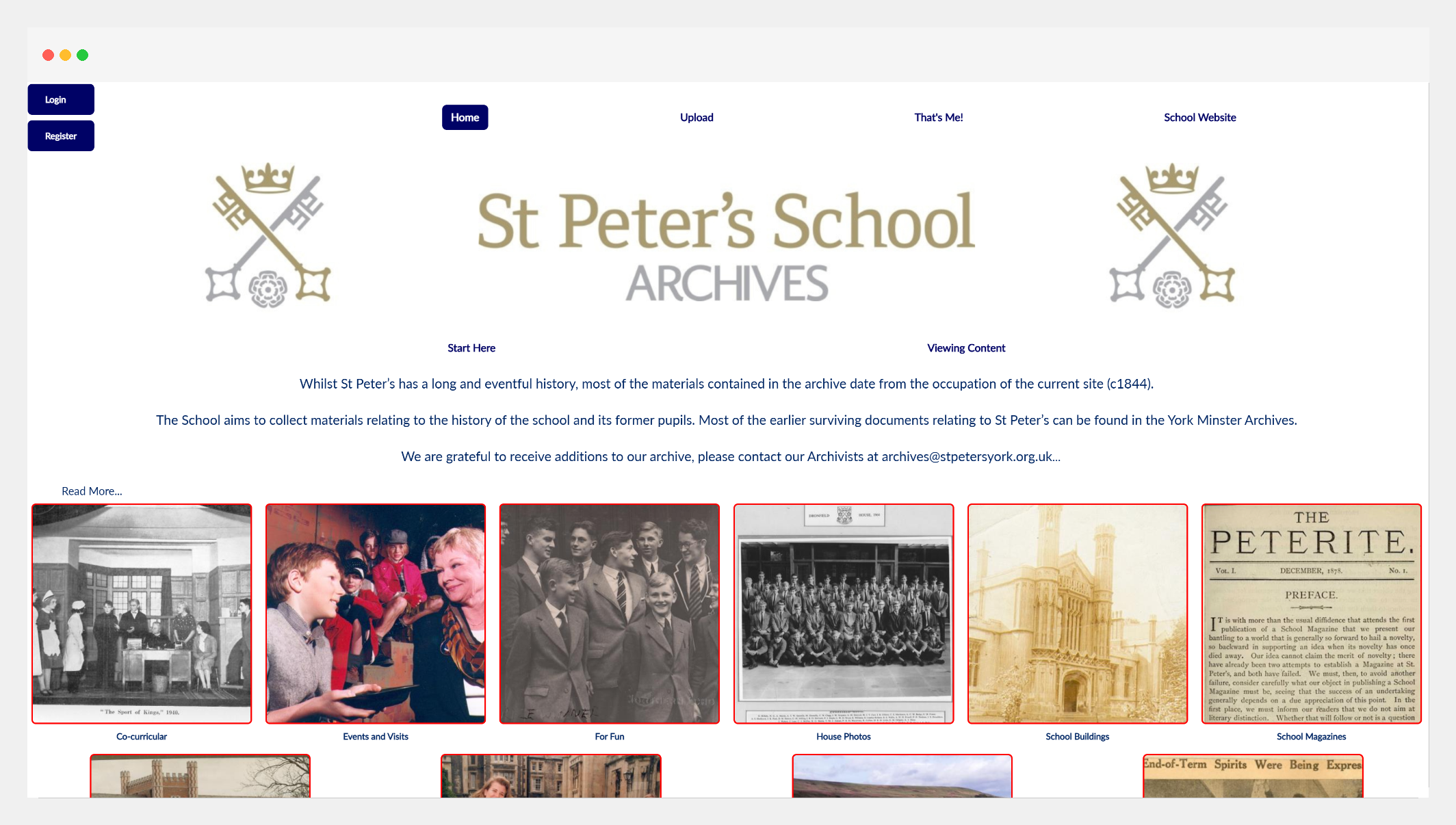 Example SocialArchive digital archive displayed in a web browser showing St Peter’s School archive homepage.