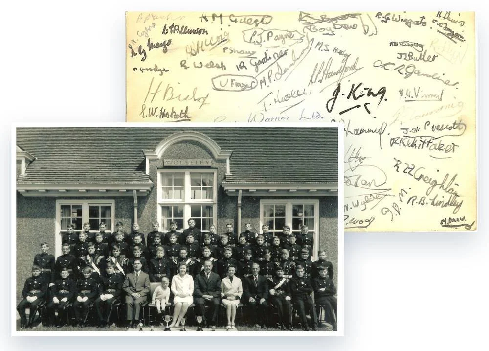 A signed school leavers' card and House group photo from a school archive.