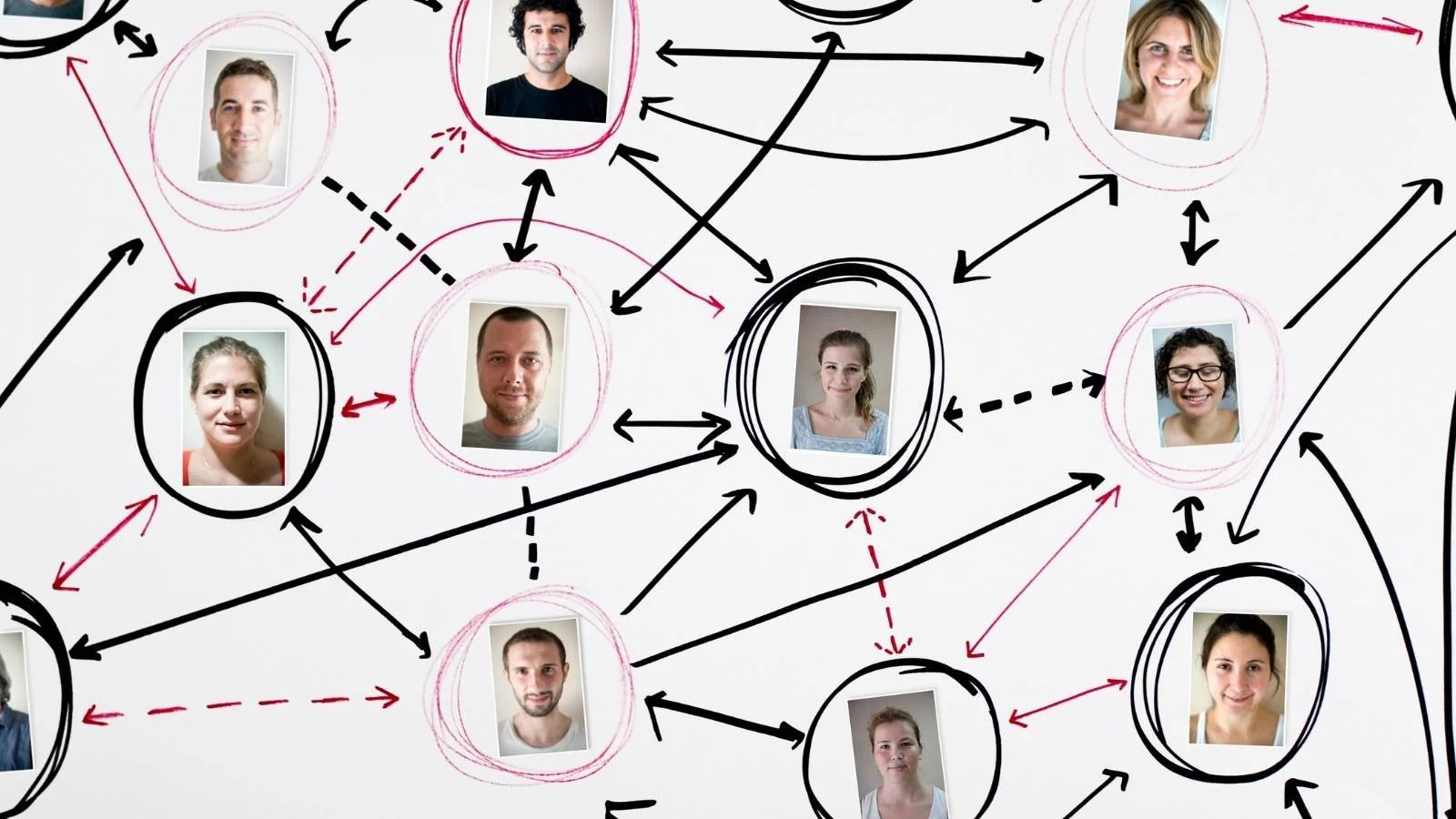 A network diagram showing headshot photos of diverse individuals connected by arrows, representing alumni relationships and community connections.