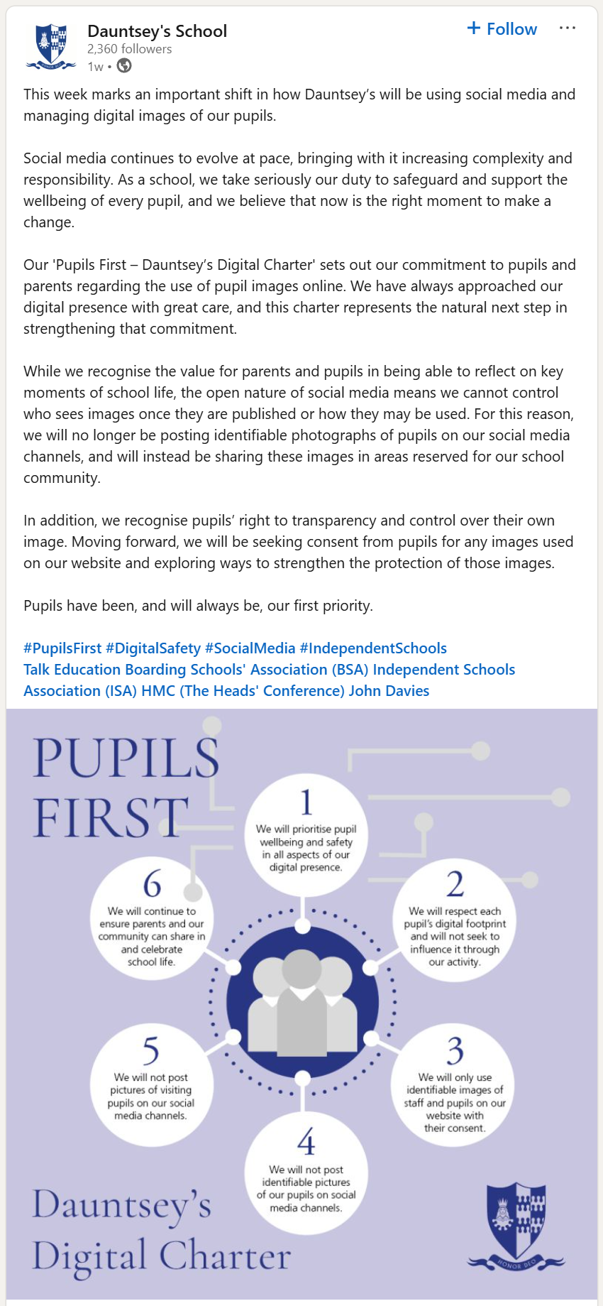 Screenshot of Dauntsey’s School LinkedIn post announcing its Pupils First digital charter and changes to sharing student photos online