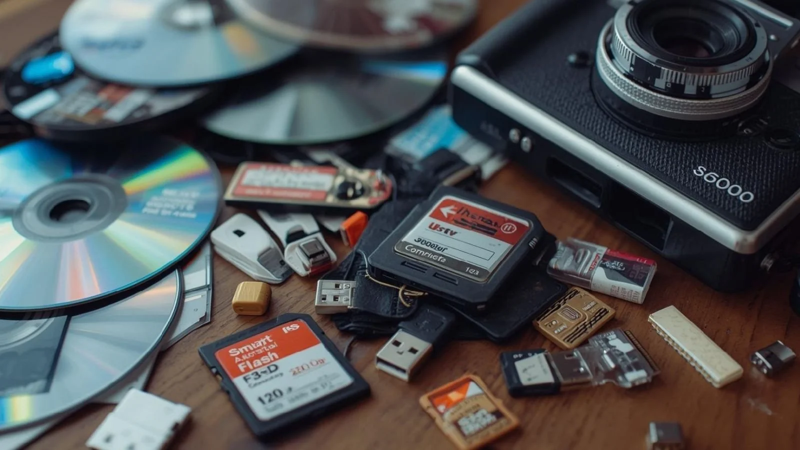 A collection of old and modern digital storage media scattered on a wooden surface, including CDs, USB drives, SD cards, and a digital camera — representing the challenge of early 2000s media storage