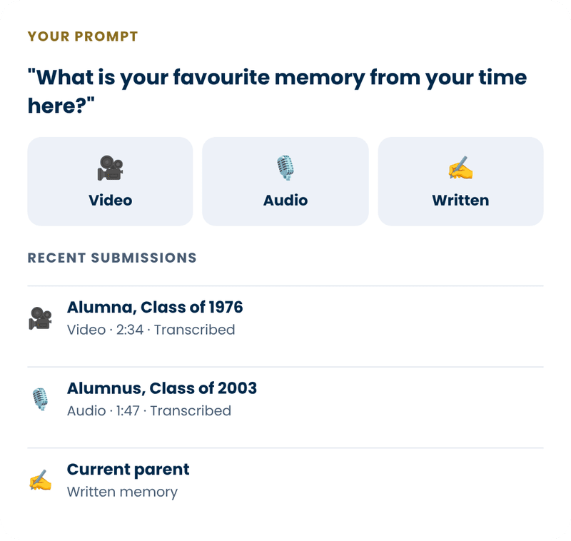 Spoken Stories recording prompt asking for a favourite memory, with video, audio and written options and recent transcribed submissions from alumni and a parent