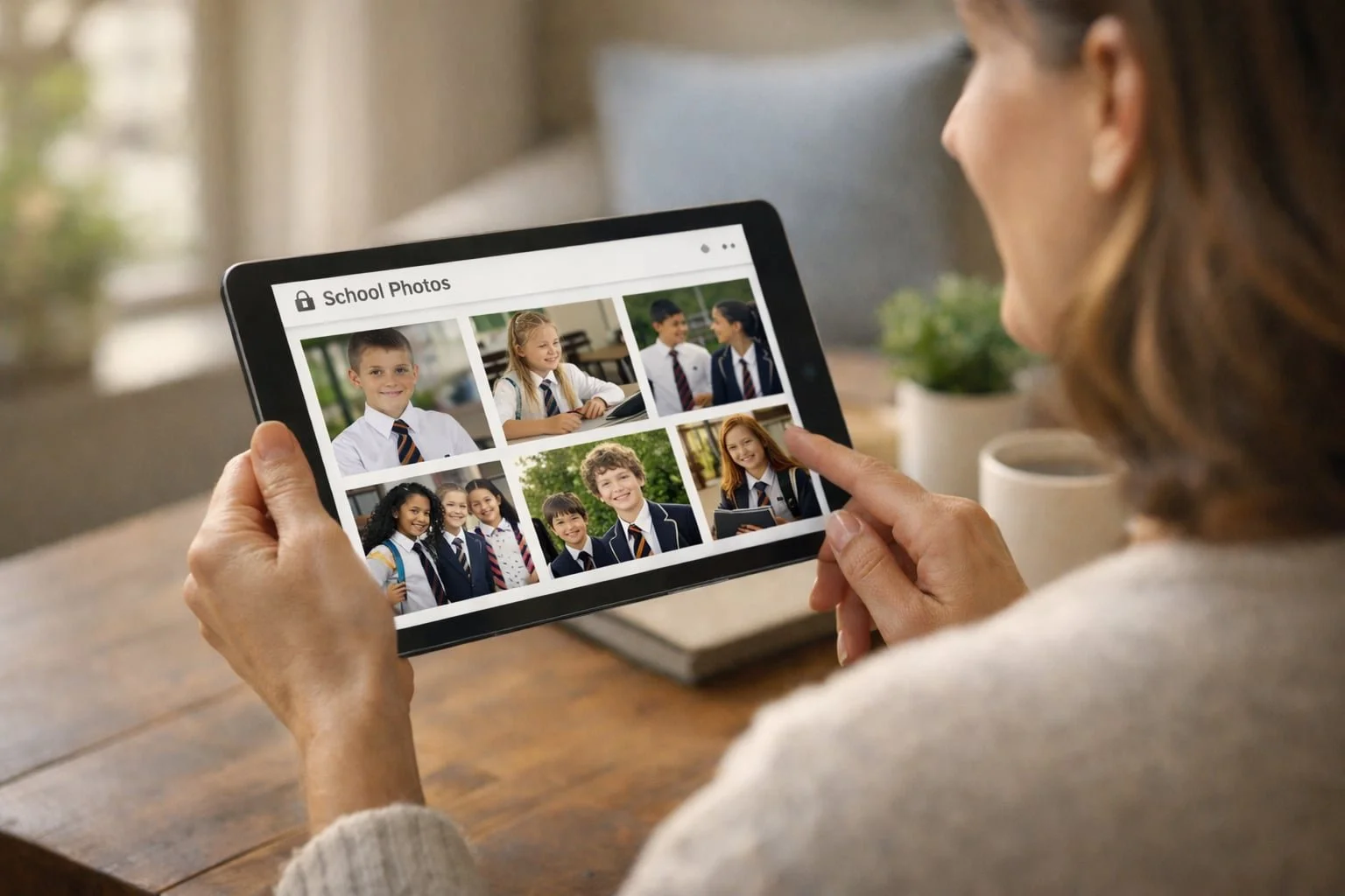 Parent viewing secondary school student photos on a secure school photo sharing platform