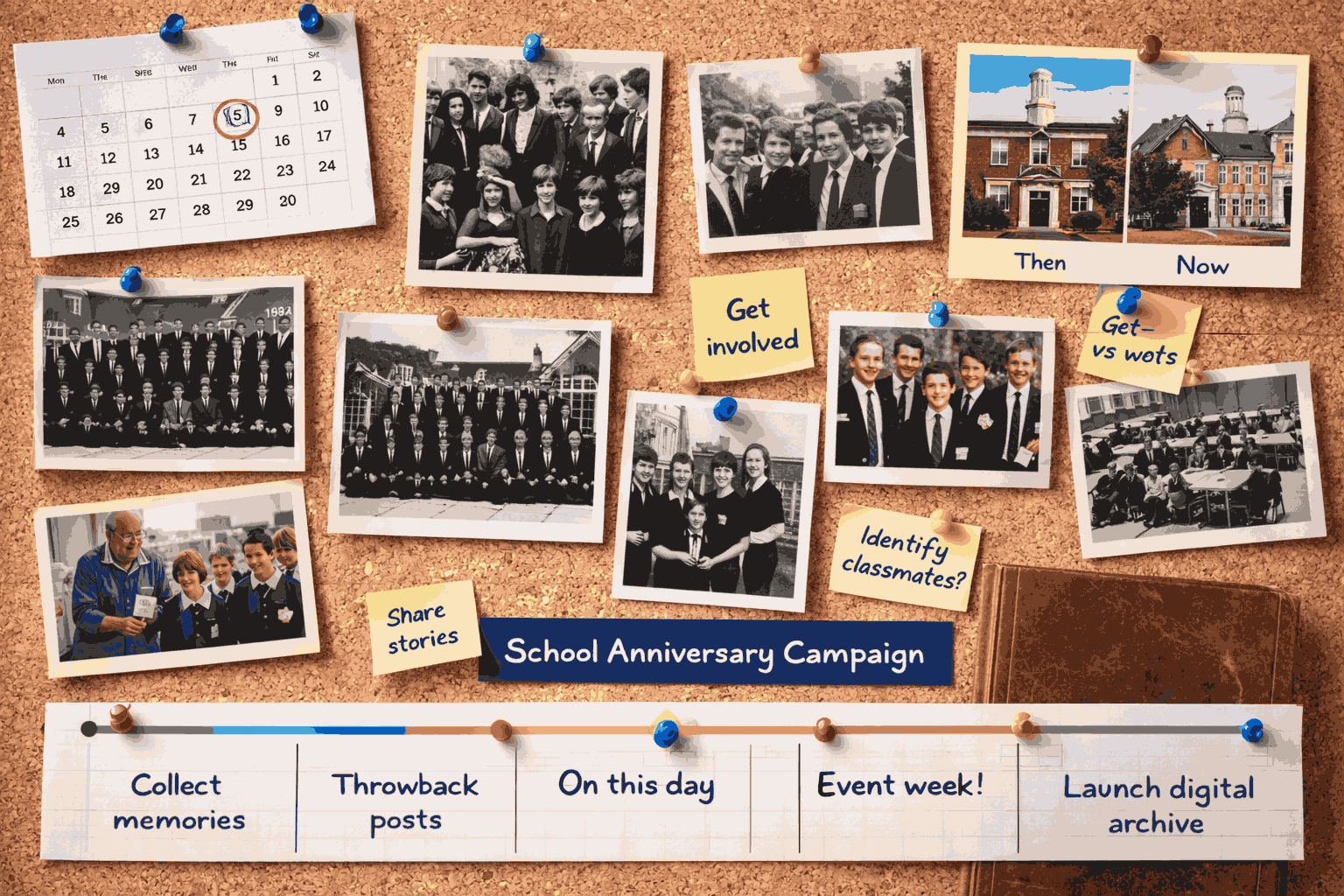 School anniversary campaign timeline using throwback photos and storytelling to build excitement