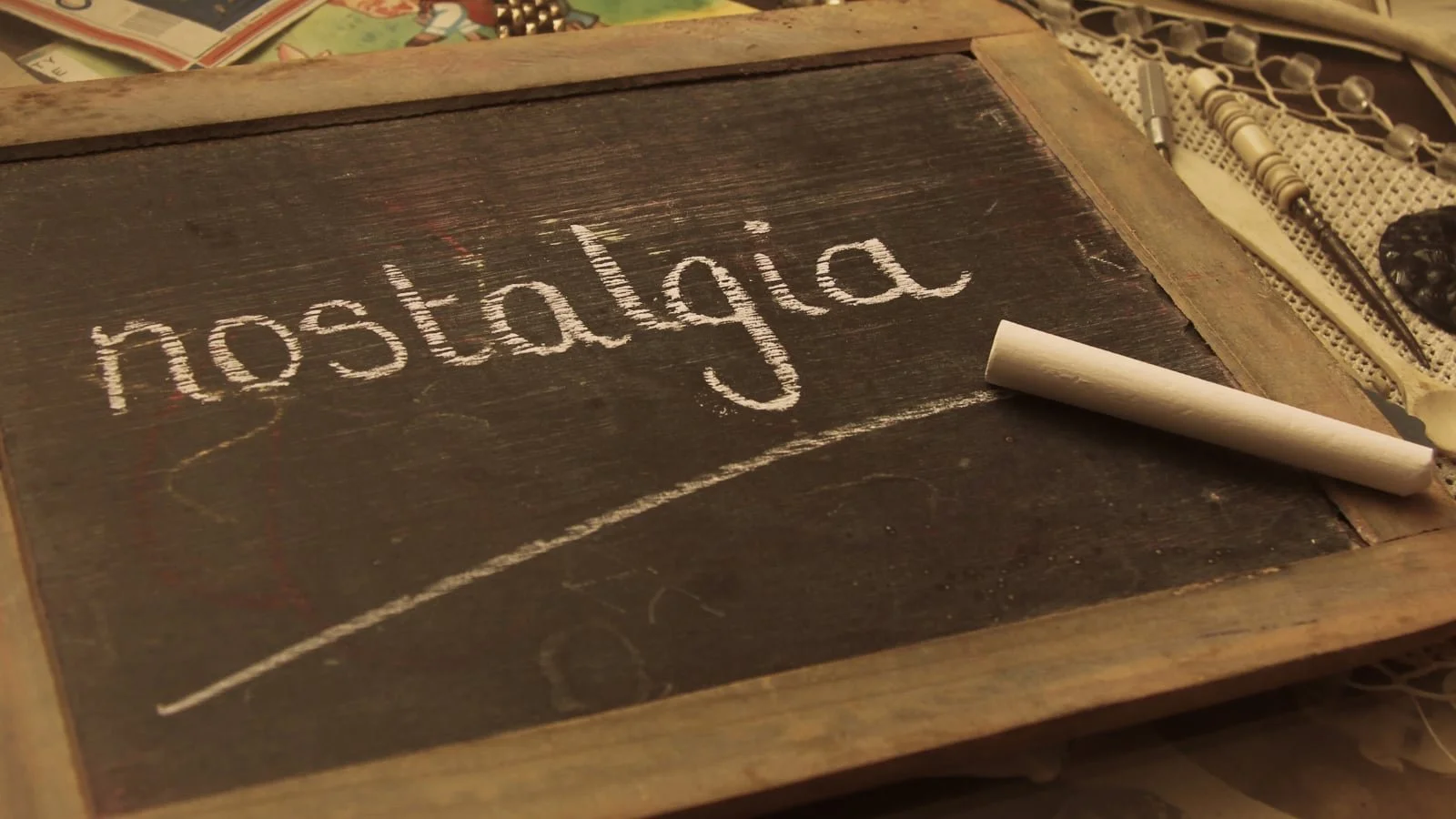 Chalkboard with the word “nostalgia” representing emotional storytelling and alumni memories in fundraising campaigns