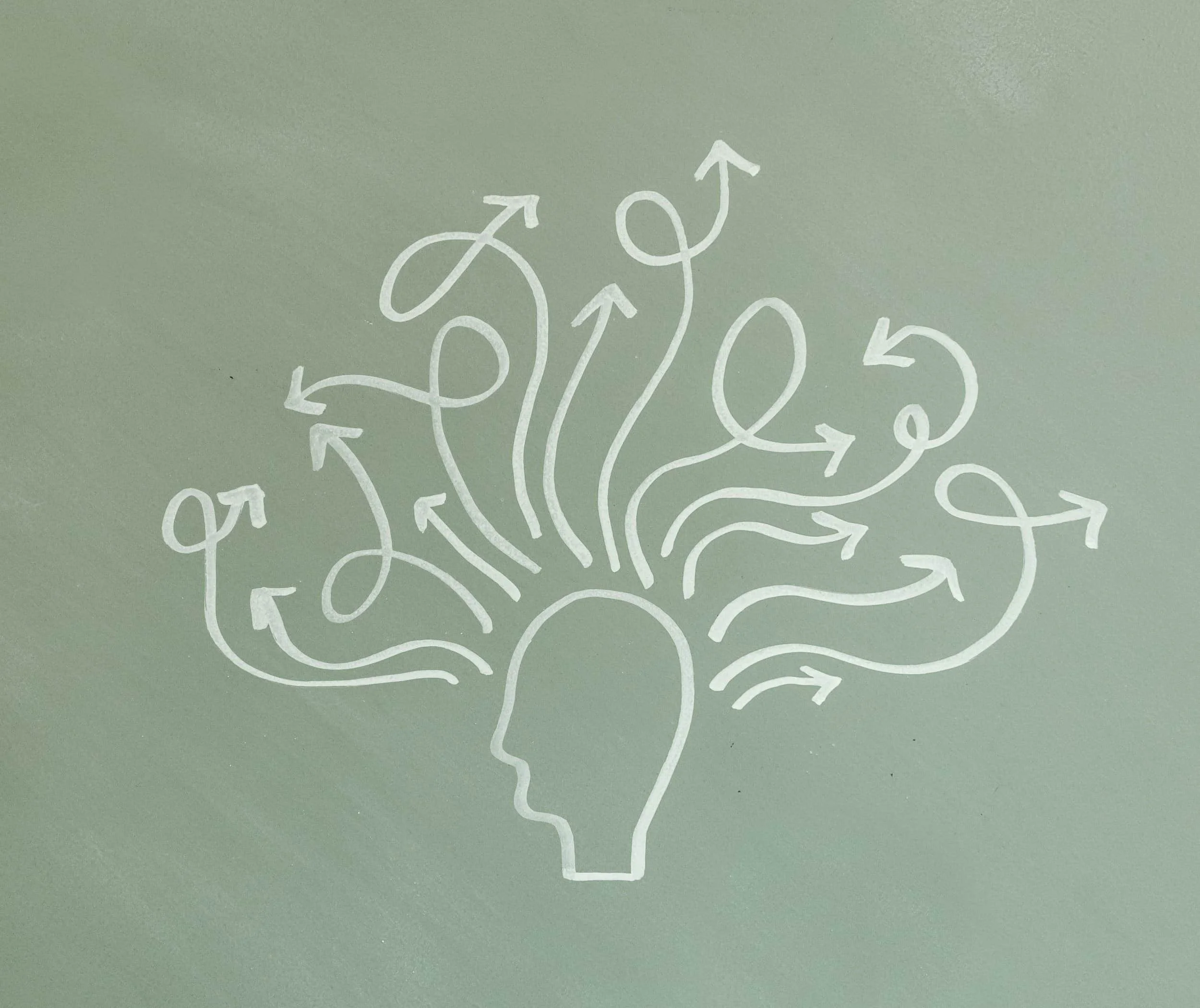 Illustration of a head with arrows branching in many directions, symbolising the challenge of capturing alumni attention in a crowded digital landscape.