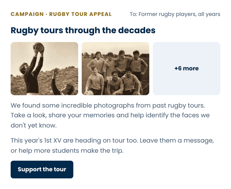Example SocialArchive campaign email inviting former rugby players to view archive tour photographs and support this year’s rugby tour
